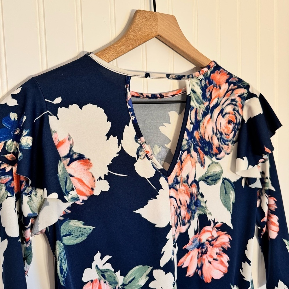 Annabelle Womens Floral 3/4 Sleeve Dress with Ruffled Shoulders & Pockets Size S - Picture 5 of 11